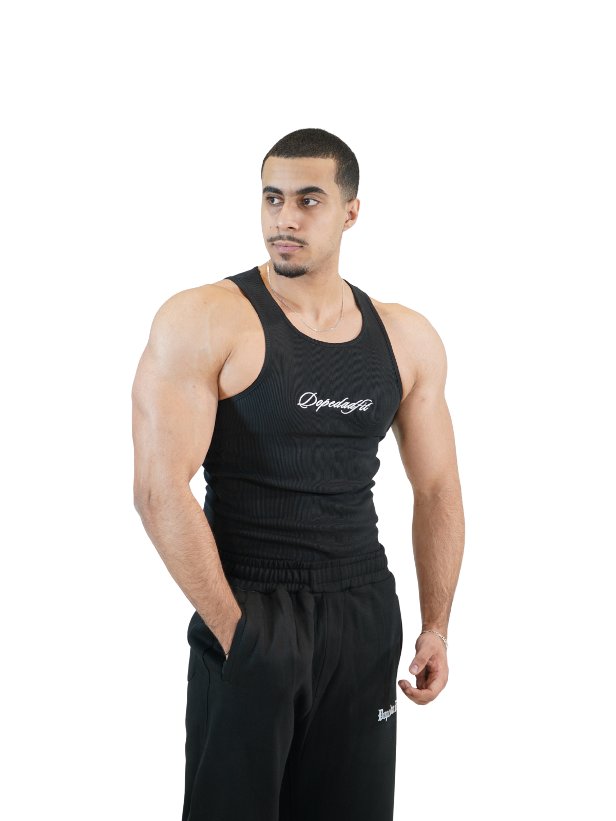 Script Ribbed Tank Black